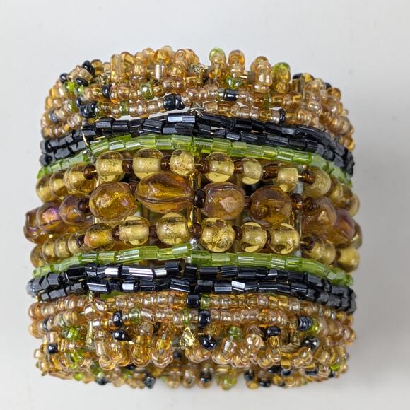 Pier One Napkin Rings Set 10 Glass Bead Brown Green Gold 1.75" Barrel Fall Boho - Picture 4 of 7